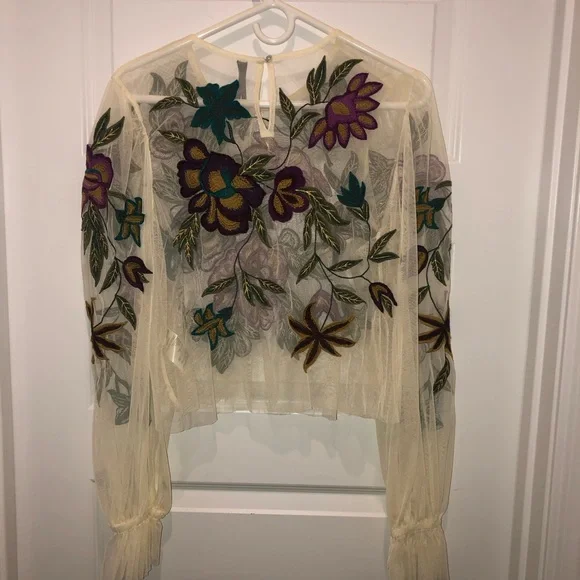 New Anthropologie The Layla Long-Sleeve Applique Embroidered Mesh Blouse sz M - Picture 8 of 8